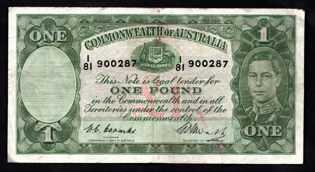 Commonwealth of Australia King George VI One Pound Banknote VERY SCARCE