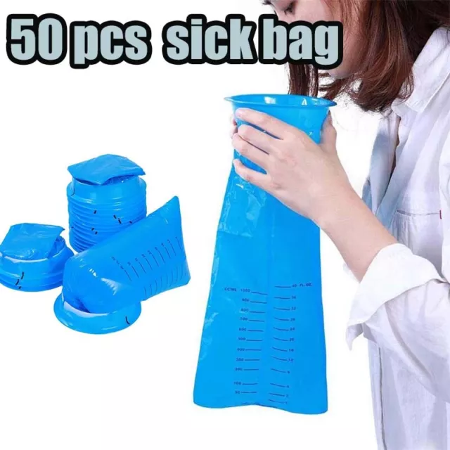 50x Vomit Bags Sick Bags Emesis Calibrated 1 Litre Infection Control Secure Tie