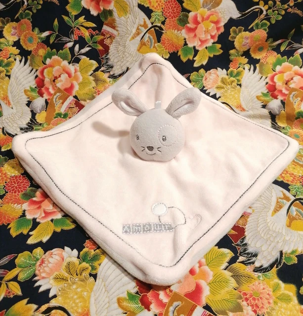 ⭐⭐⭐ Doudou Plat carré Lapin cocard AMOUR bébé 9  Gris Rose ⭐⭐⭐ NEUF*