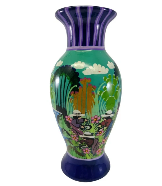 Talavera Mexican Pottery Hand Painted Flower Vase Villagers in the Field