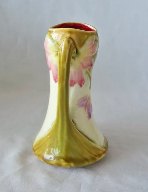 Antique Majolica Art Nouveau Handled Vase w Floral Design 2