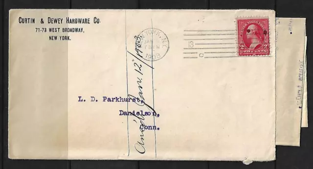 Us 1903 Hardware Co New York Cover Franked S 252 Type Iv With Two Red Ink Blobs