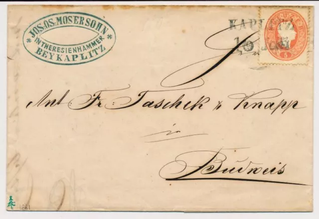 ÖSTERREICH EX PROVERA 1861 5kr, Brief (Inhalt) KAPLITZ (B) Mü:10P! Nach BUDWEIS