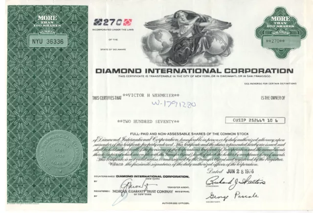 Diamond International Corp. - Original Stock Certificate -1976 - NYU36336