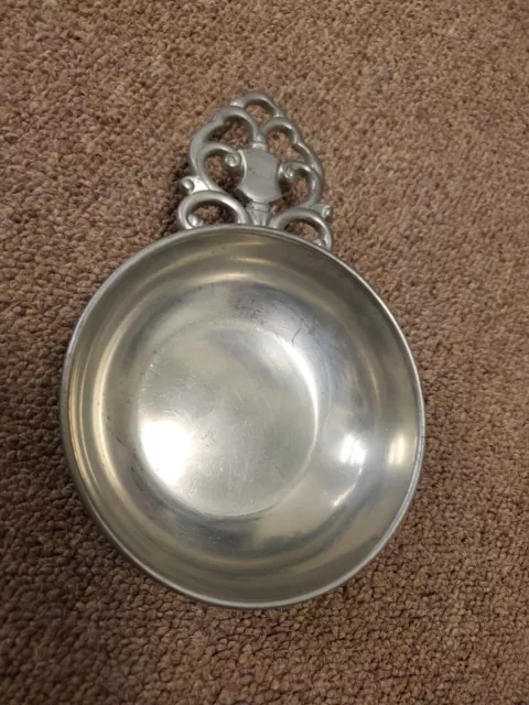 Vintage Pewter Porringer Bowl Filigree Handle KMD Royal Holland Daalderop, 4" w