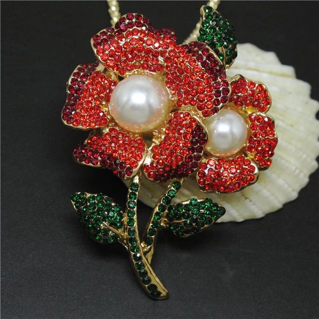 New Betsey Johnson Red Bling Two Flower Pearl Crystal Pendant Women Necklace
