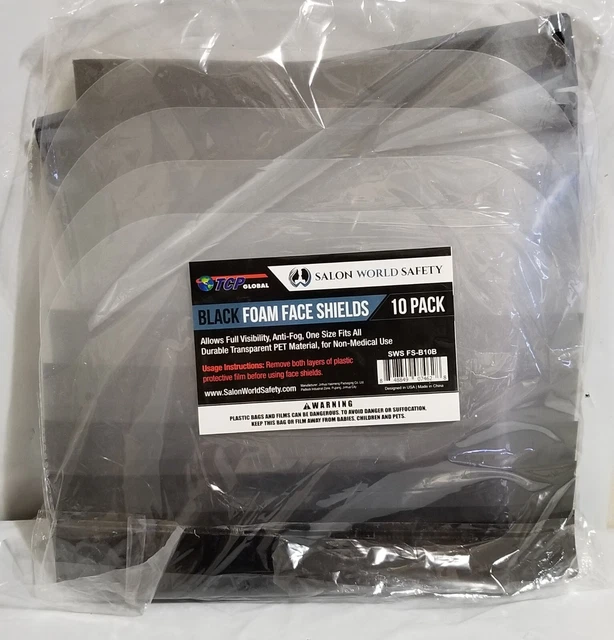Salon World Safety Black Foam Face Shields Clear 10 pk