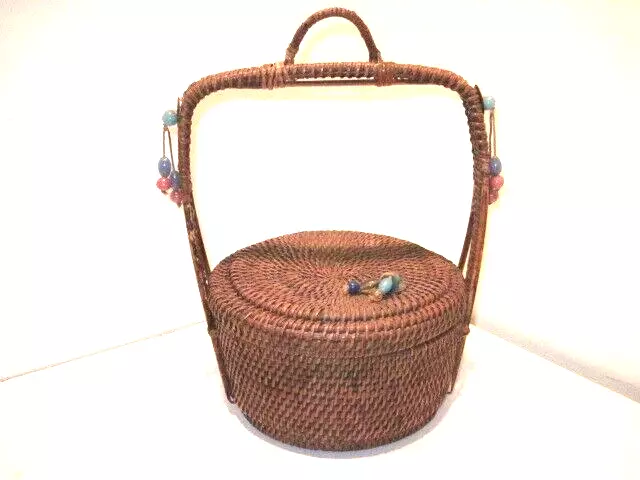 Vintage Asian Oriental Antique Sewing Basket With Handle Lid Beads Coins - Vgc!