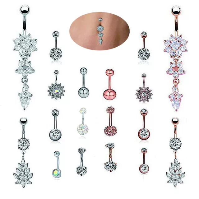 9Pcs/Set Dangle Crystal Rhinestone Belly Button Ring Navel Bar Piercing Jewel-xd