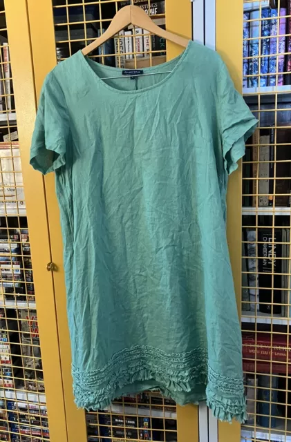 Gordon smith Size 16 Large Green Linen Shift A-line Dress frills With Pockets
