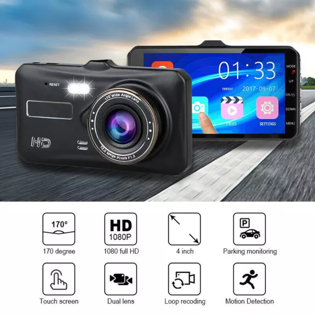 4" Inch 1080P Dual Lens Car DVR Front and Rear Camera Video Dash Cam Recorder UK