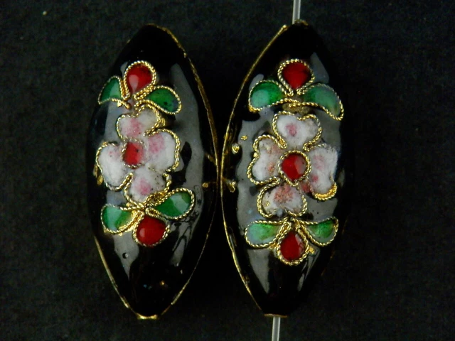 Pair Fine Chinese Brass Inlay Black Cloisonne *Flower* 2Faces Pendants PP031