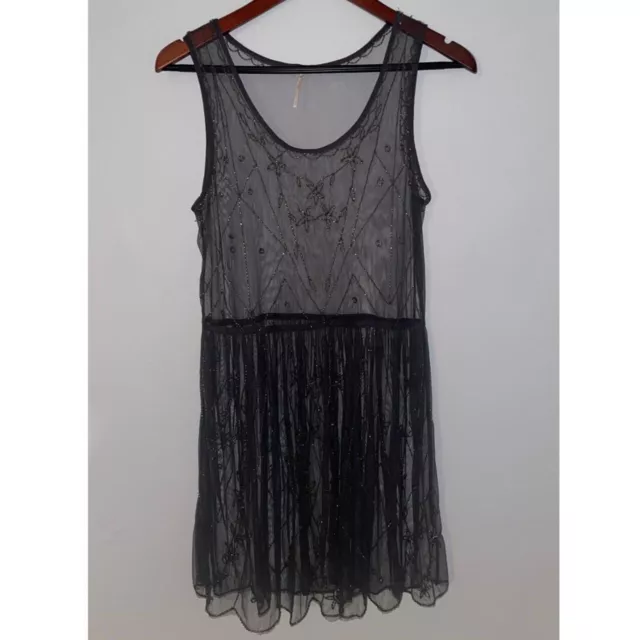 Free People Dress Embellished Beaded Mesh Mini Slip in Charcoal Size S