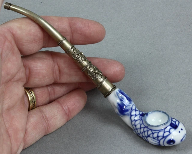 Ceramic/Porcelain Oriental Smoking Pipe Koi Fish Bowl w/Ornate Brass Stem MINT