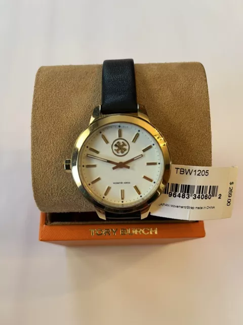 NEW TORY BURCH Collins Gold Tone Stainless Black Leather Watch TBW1205 NIB