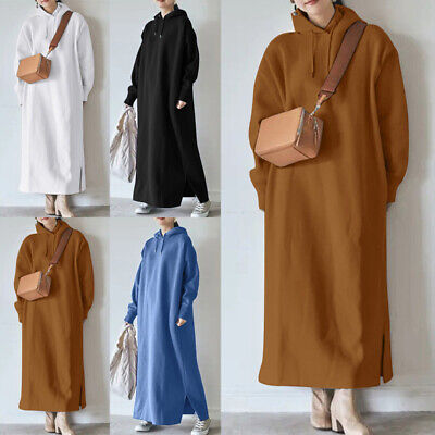 Women Long Sleeve Fleece Hooded Sweatshirt Maxi Dress Solid Hoodies Dresses 8-24