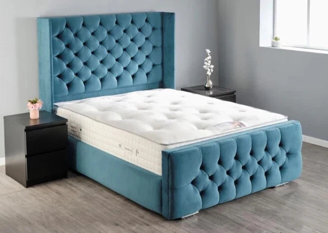CHESTERFIELD WINGED BACK Bed Frame Plush Velvet Bed+Gaslift Storage All ...