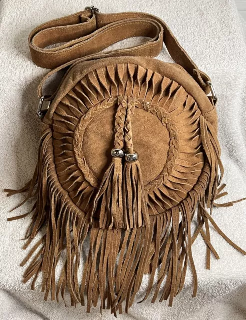 Suede Crossbody Boho Circular Purse W/Long Fringe Y2K Earthbound Trading Company