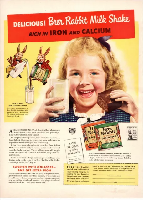 1943 WW 2 era AD BRER RABBIT MOLASSES add milk Save Sugar Use Molasses 060721