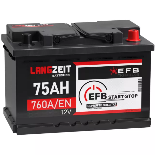 LANGZEIT EFB Batterie 75Ah 12V 760A/EN Start-Stop Batterie Autobatterie 70Ah