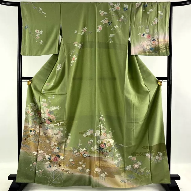 Japanese kimono  "HOUMONGI" SILK, Gold leaf, Plants,Birds,Green ,L5'5"..3345