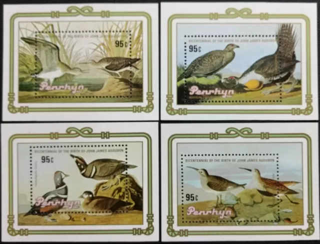 128.Penrhyn 1985 Set/4 Stamp M/S Birds, John Audubon Birth Centenary . Mnh