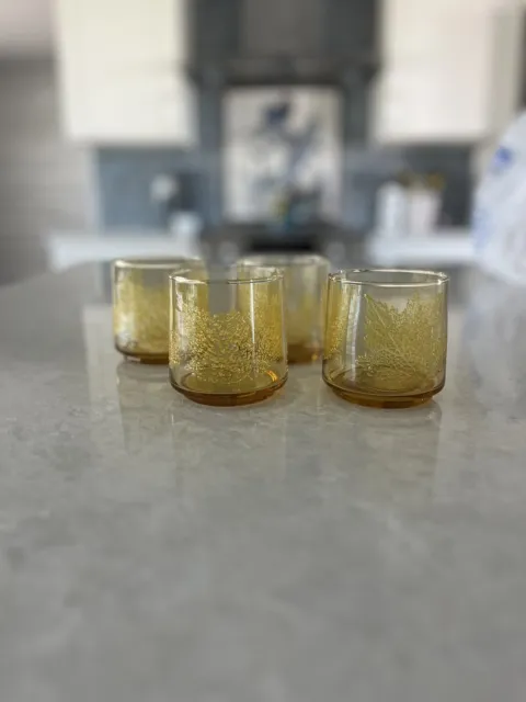 Vintage Amber Glass Leaf Embossed S/4 Lowball Juice Glasses ~ Pristine! MCM