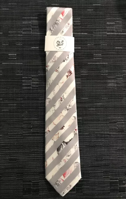 Ox and Bull Trading Co. Painted Floral Gray Stripe Silk Men's Tie