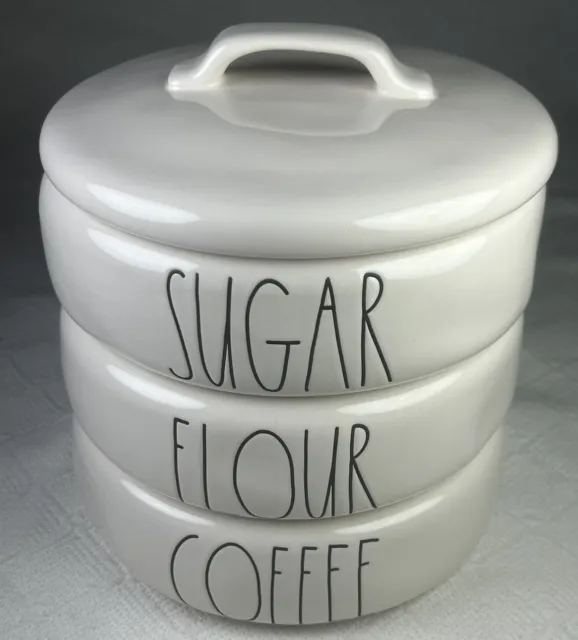 Rae Dunn By Magenta White Ceramic Stacking Canister Set Sugar Flour Coffee