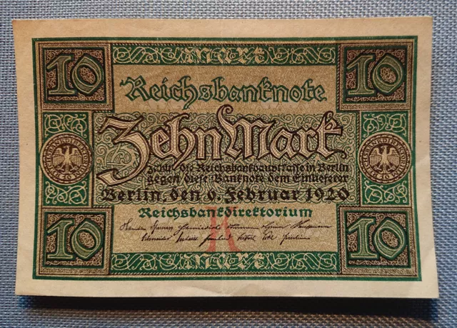 Old German Banknote Zehn Mark Berlin 6. February 1920 Reichsbankdirektorium