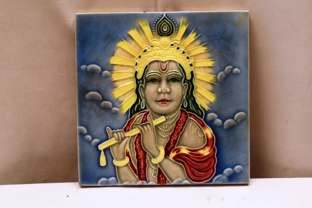Antique Tile Art Nouveau Majolica Japan Lord Krishna Playing The Flute Porcel"J7