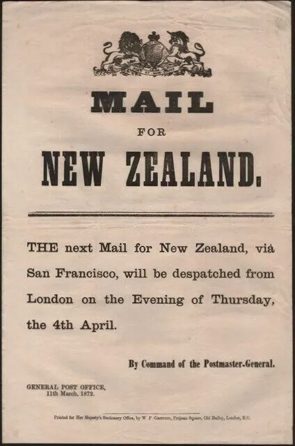 Post Office Notice - New Zealand 1872 Post Office Notice announcing the despat