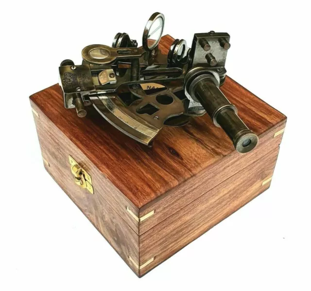 Antique Finish Handmade Brass Nautical Marine Sextant W/Brown Wooden Box Gift