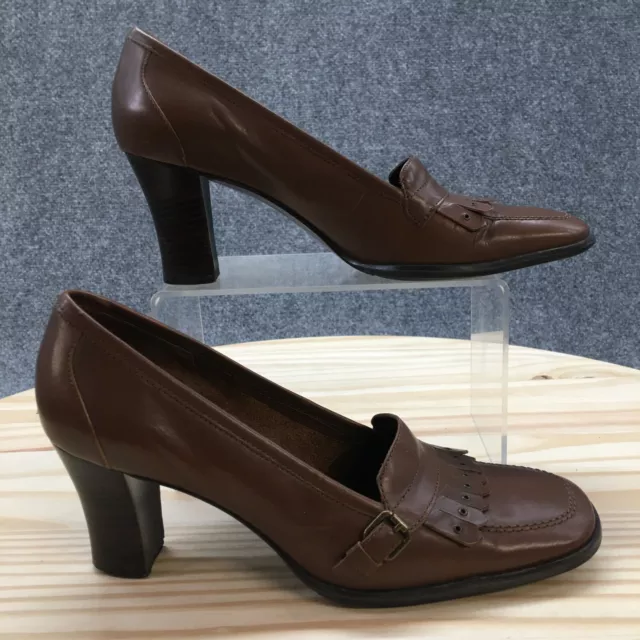 Etienne Aigner Heels Womens 7 M Fringe Pumps Slip On Brown Leather Square Toe