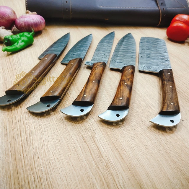 Handmade Chef set of 5 pcs Damascus Steel Chef Set wood handle with sheath cover