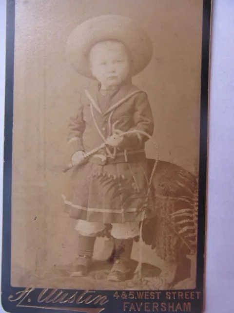 Rare, Early 1880-90 Antique CDV Photo of CHILD WEARING WESTERN OUTFIT, Whip Gift