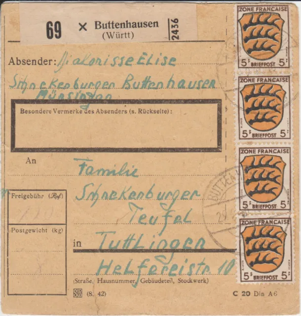 Massenfrankatur 16 x 5 Pf.,  5 x 8 Pf. auf Paketkarte BUTTENHAUSEN (Münsingen)