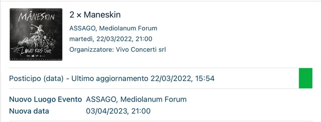 Maneskin 2 Biglietti Tribuna GOLD 3/4/2023 MediolanumForum Assago
