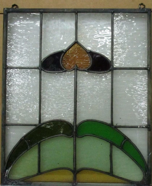 OLD ENGLISH LEADED STAINED GLASS WINDOW Unframed w Hooks Nice Floral 14" x 16.5"