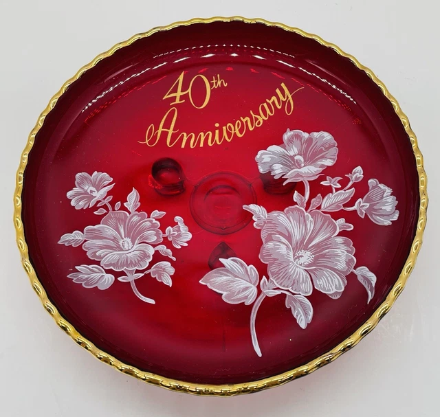 Vintage 7" Footed Ruby Glass 40th Anniversary Rockwell Silver Co Bowl S-24