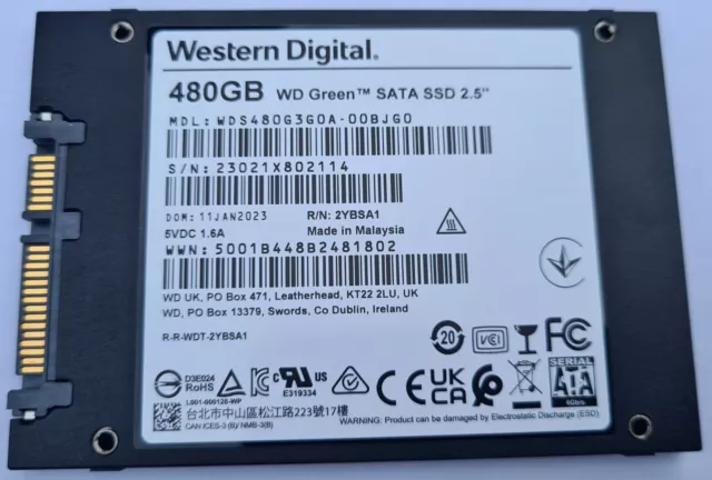 Hard Disk SSD Western Digital Green 480 GB 2,5" Disco Rigido Interno WDS480G3G0A 2