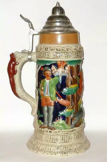 Antiguo Gran 42cm Grandes Jarra de Caza Cerveza Cazador Humpen