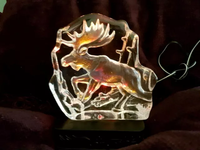 Carved Moose Illuminated Etched Carved Glass Moose LED lights on Base