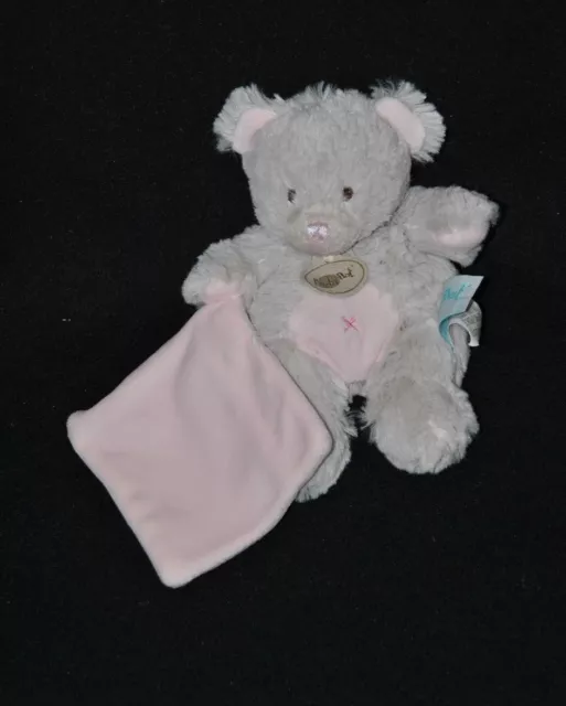 Peluche doudou ours gris BABY NAT' mouchoir double rose croix 19 cm NEUF
