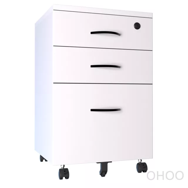 OHOO Wooden Mobile Drawers Lockable Pedestal File Cabinet Office Furniture White