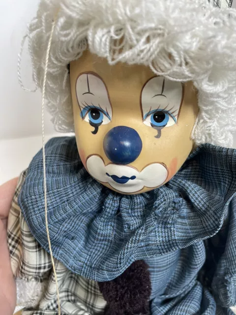 VINTAGE MARIONETTE STRING PUPPET CLOWN ON SWING HANGING PORCELAIN FACE Blue Eyes