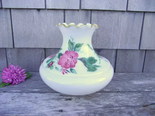 Antique Milk Glass ROSES and Hummingbird Lamp SHADE Hand Painted
