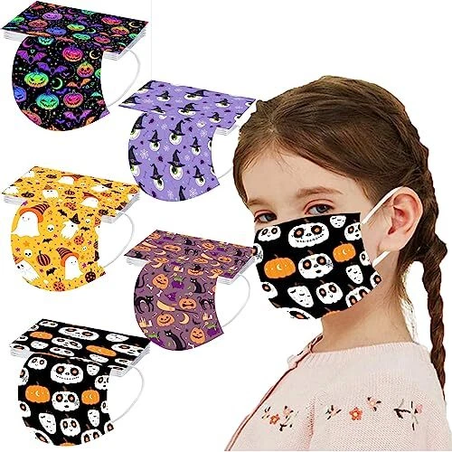 Halloween Disposable Face_Masks with Designs for Kids,3-Ply Pumkin Halloween a