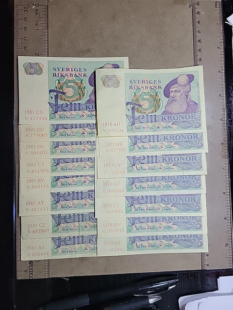 Sweden 5 Kronor 1976  1977  1978  1981  P-51 (qty15) banknote 120923-3