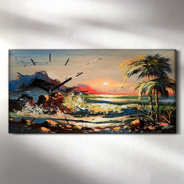 Horloge Murale Sur Toile Coloray 60x30cm - Coucher De Soleil Côtier - Neuf
